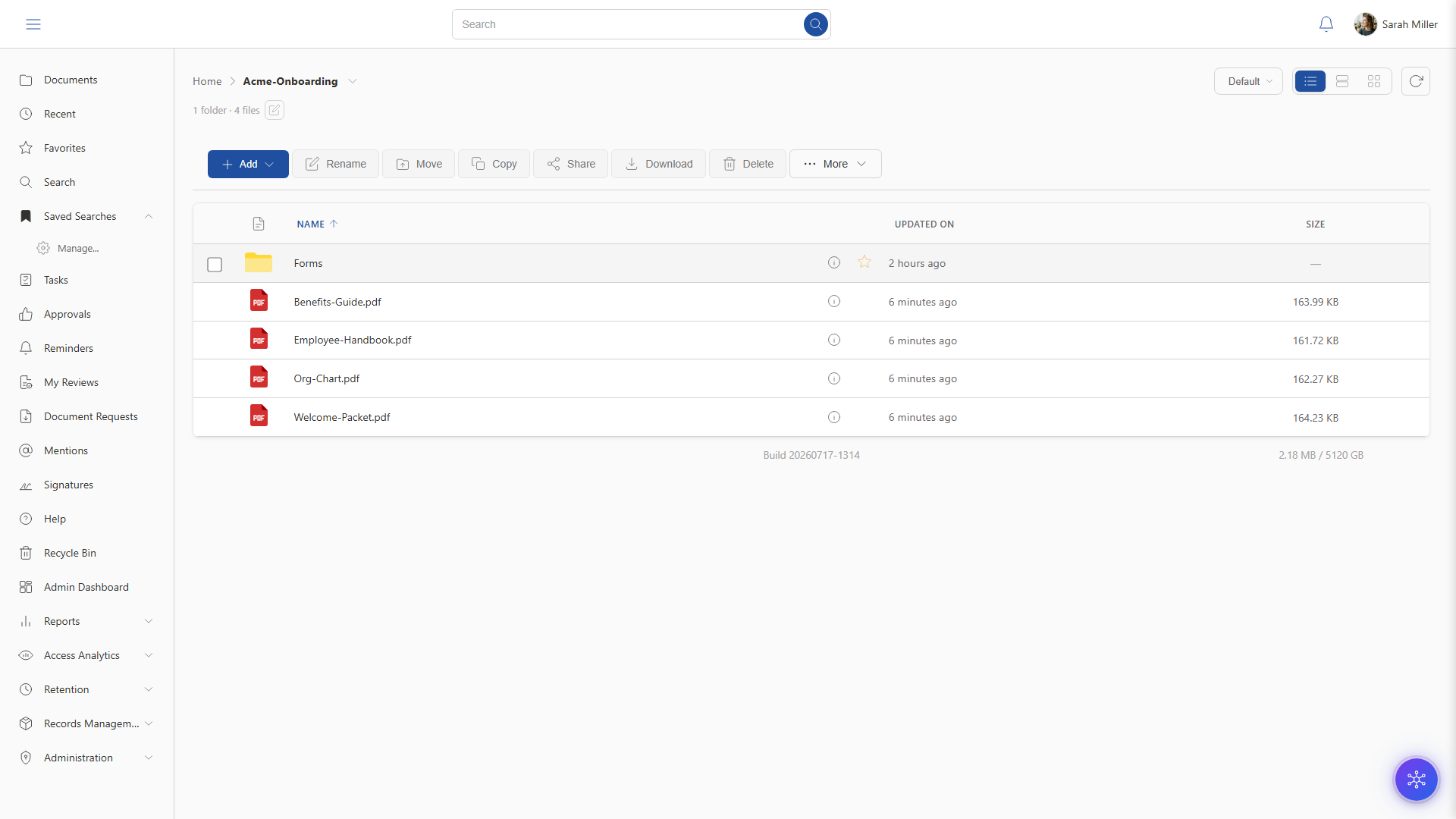 TurboDMS document library showing the Acme-Onboarding folder with PDFs and a Forms subfolder