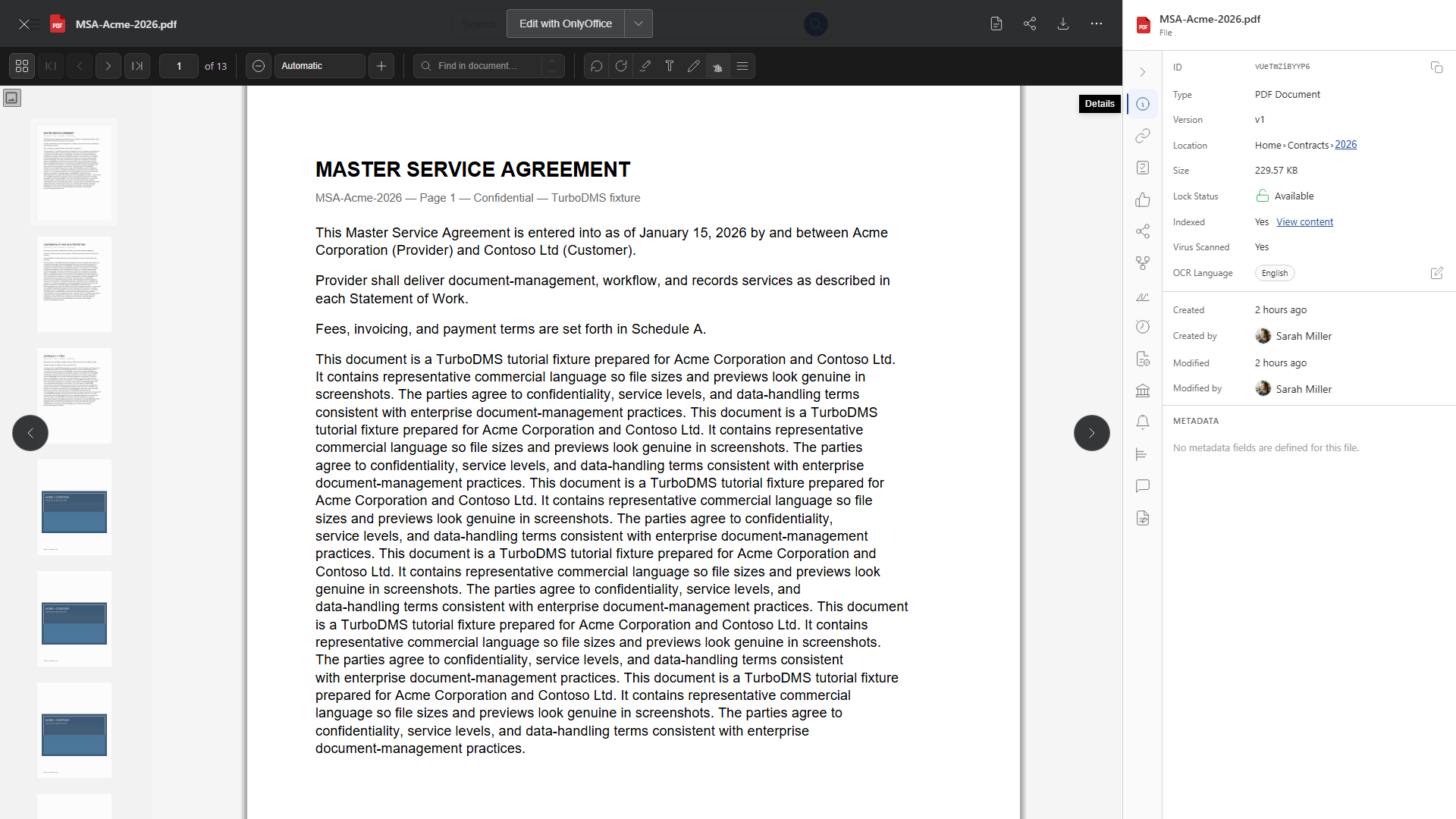 TurboDMS in-browser PDF preview of a master service agreement with version, virus scan, and index status in the details panel