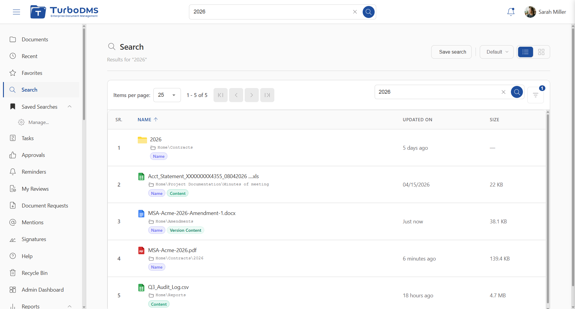 TurboDMS search results for 2026 matching file names, document content, and a prior version across PDF, Word, Excel, and CSV