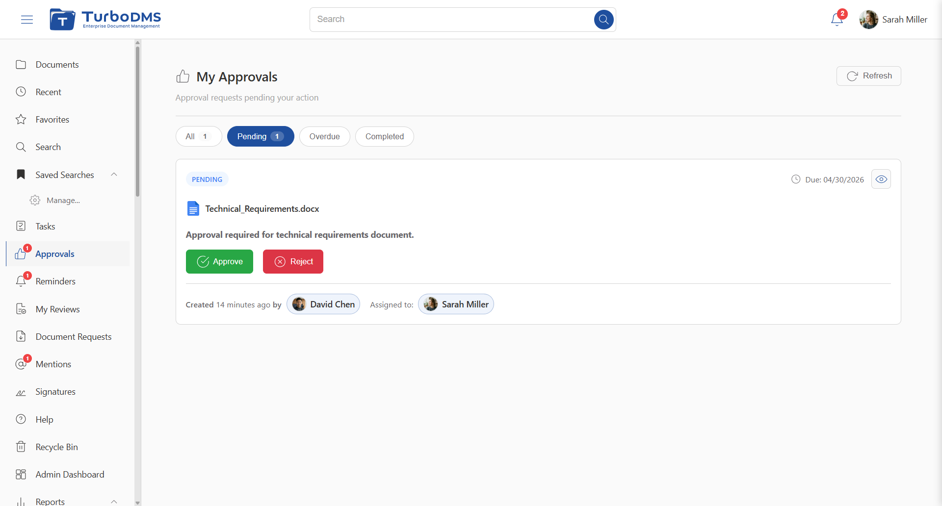 TurboDMS My Approvals queue with a pending document, due date, and Approve or Reject actions